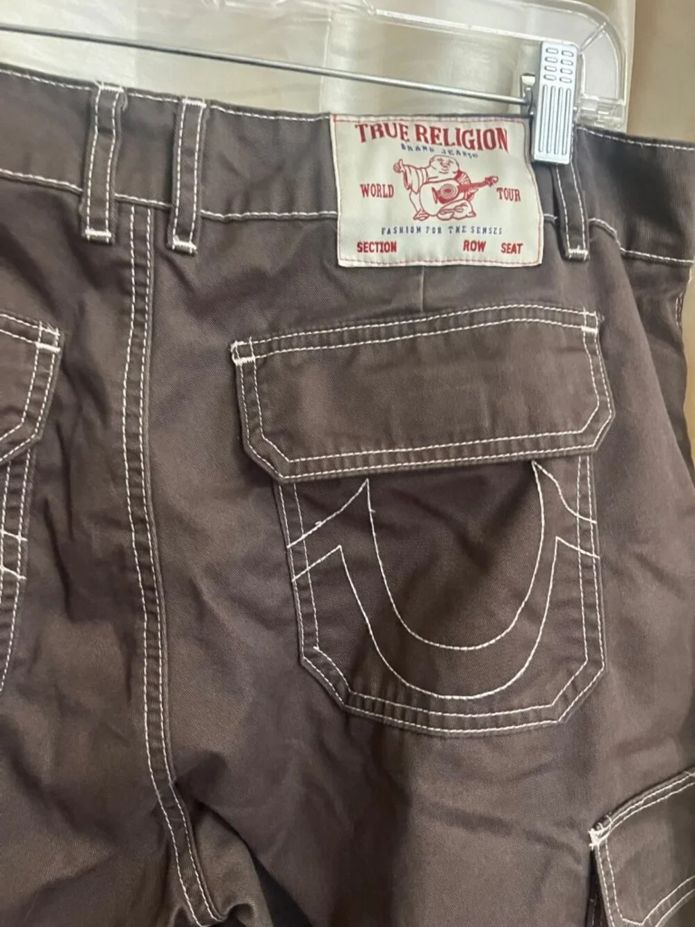 True Religion Cargo Shorts Brown Cotton Canvas Contrast Stitching Utility 34.
